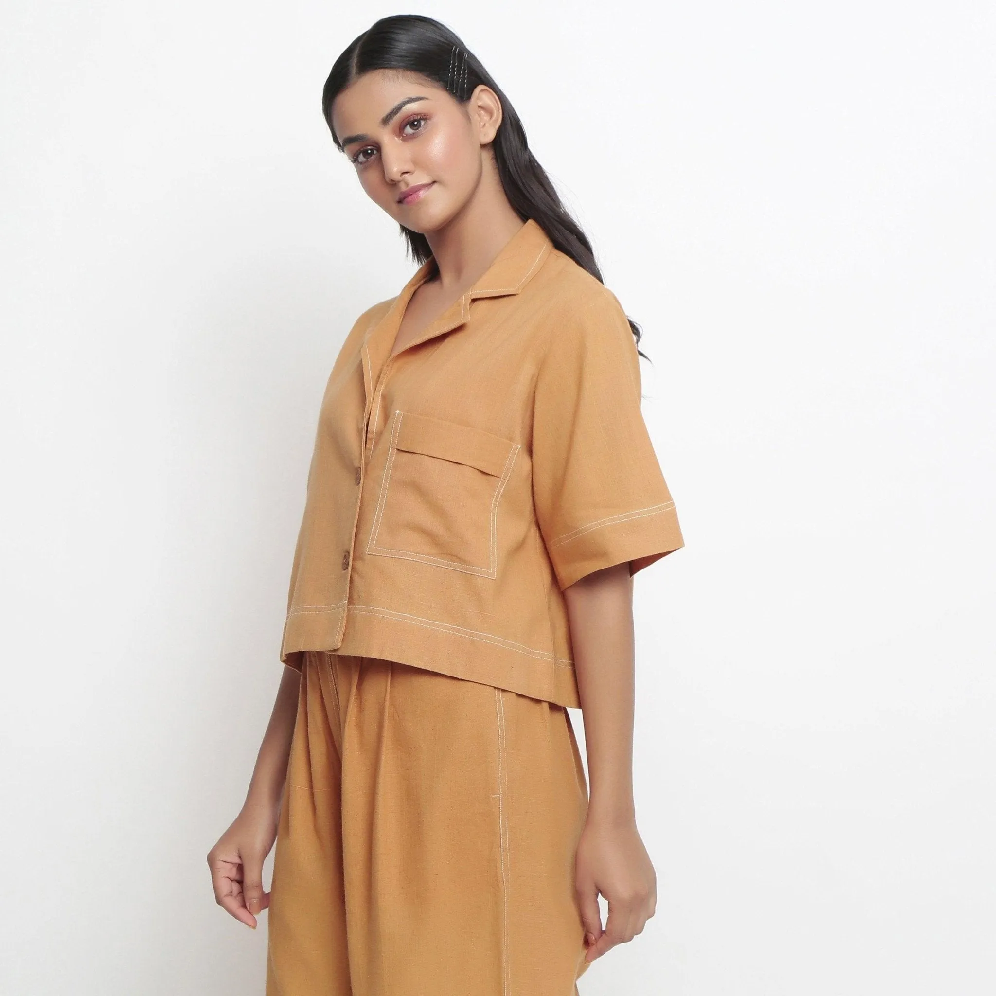 Orange Handspun Cotton Button-Down Cropped Shirt