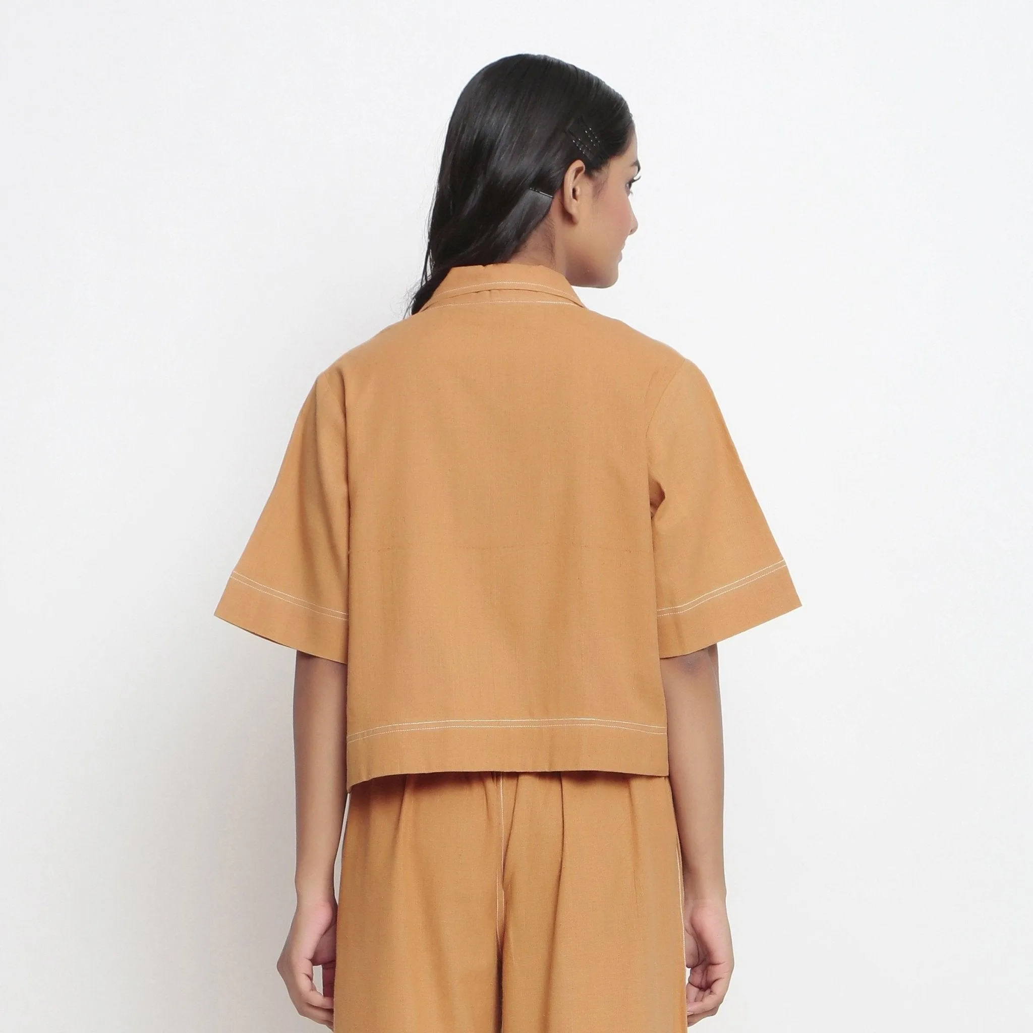 Orange Handspun Cotton Button-Down Cropped Shirt