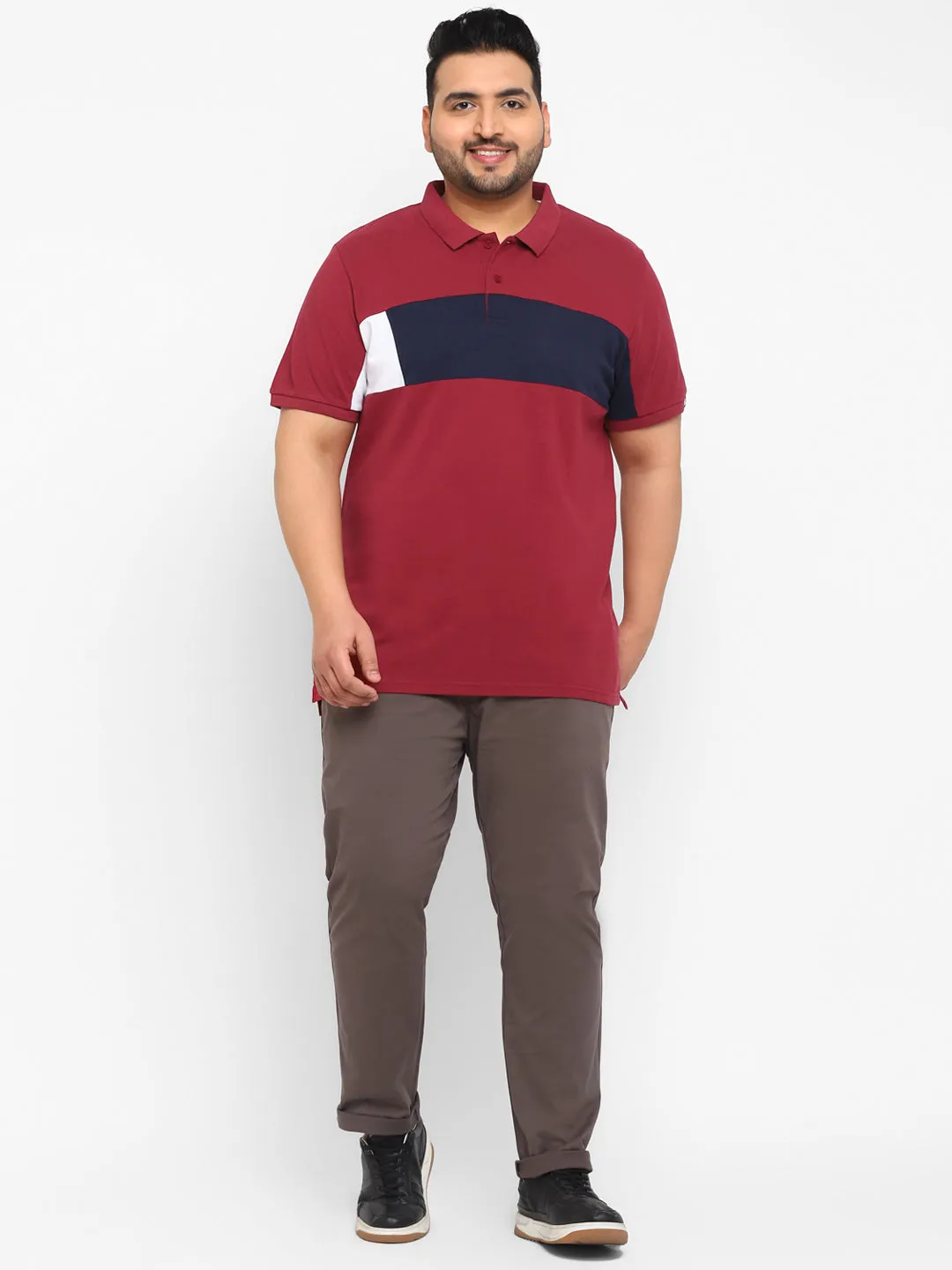 Plus Men's Maroon, Yellow, White Colour-Block Regular Fit Half Sleeve Cotton Polo T-Shirt