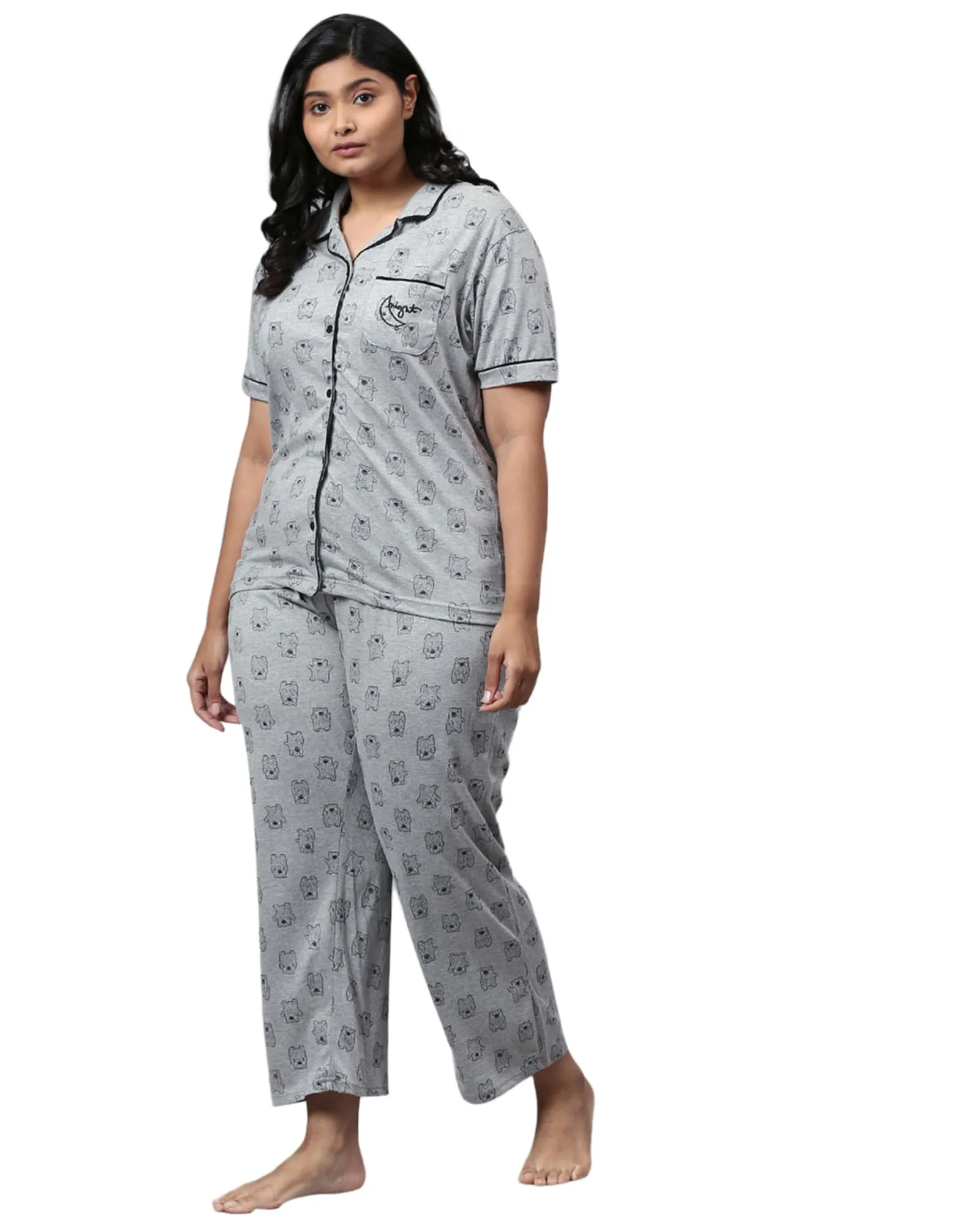 Printed Stylish Night Suit- Bears | Light Grey