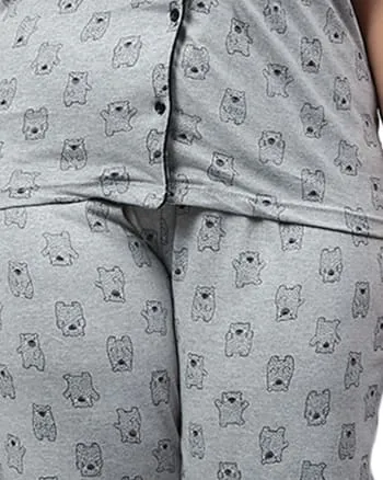 Printed Stylish Night Suit- Bears | Light Grey