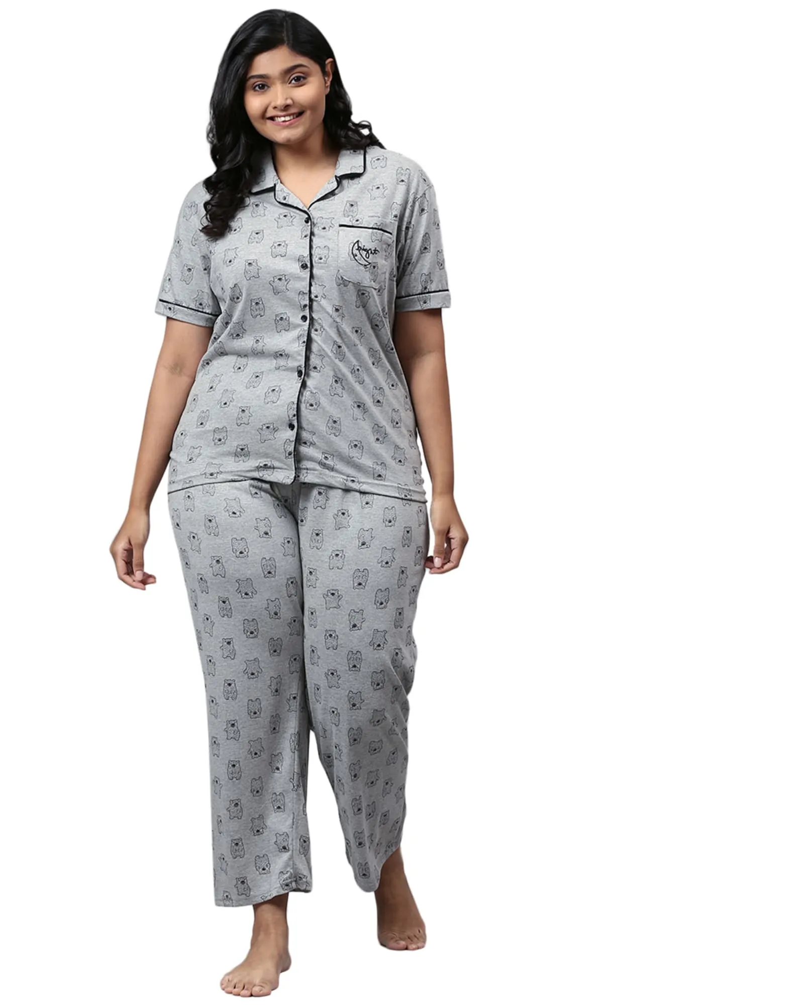 Printed Stylish Night Suit- Bears | Light Grey