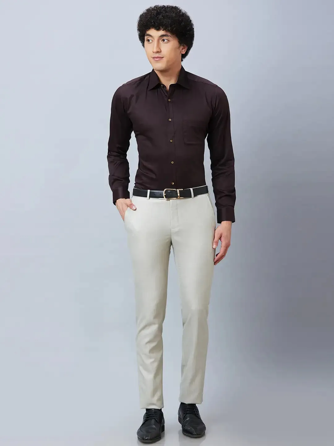 Raymond Men Fawn Structure Slim Fit Polyester Blend Trousers