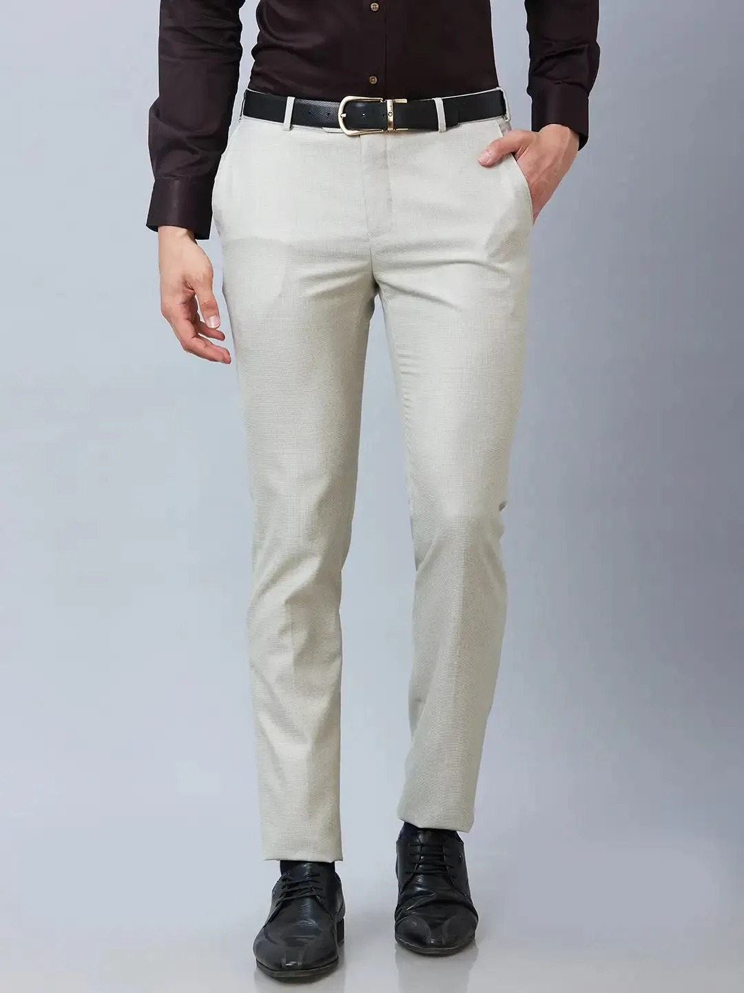 Raymond Men Fawn Structure Slim Fit Polyester Blend Trousers