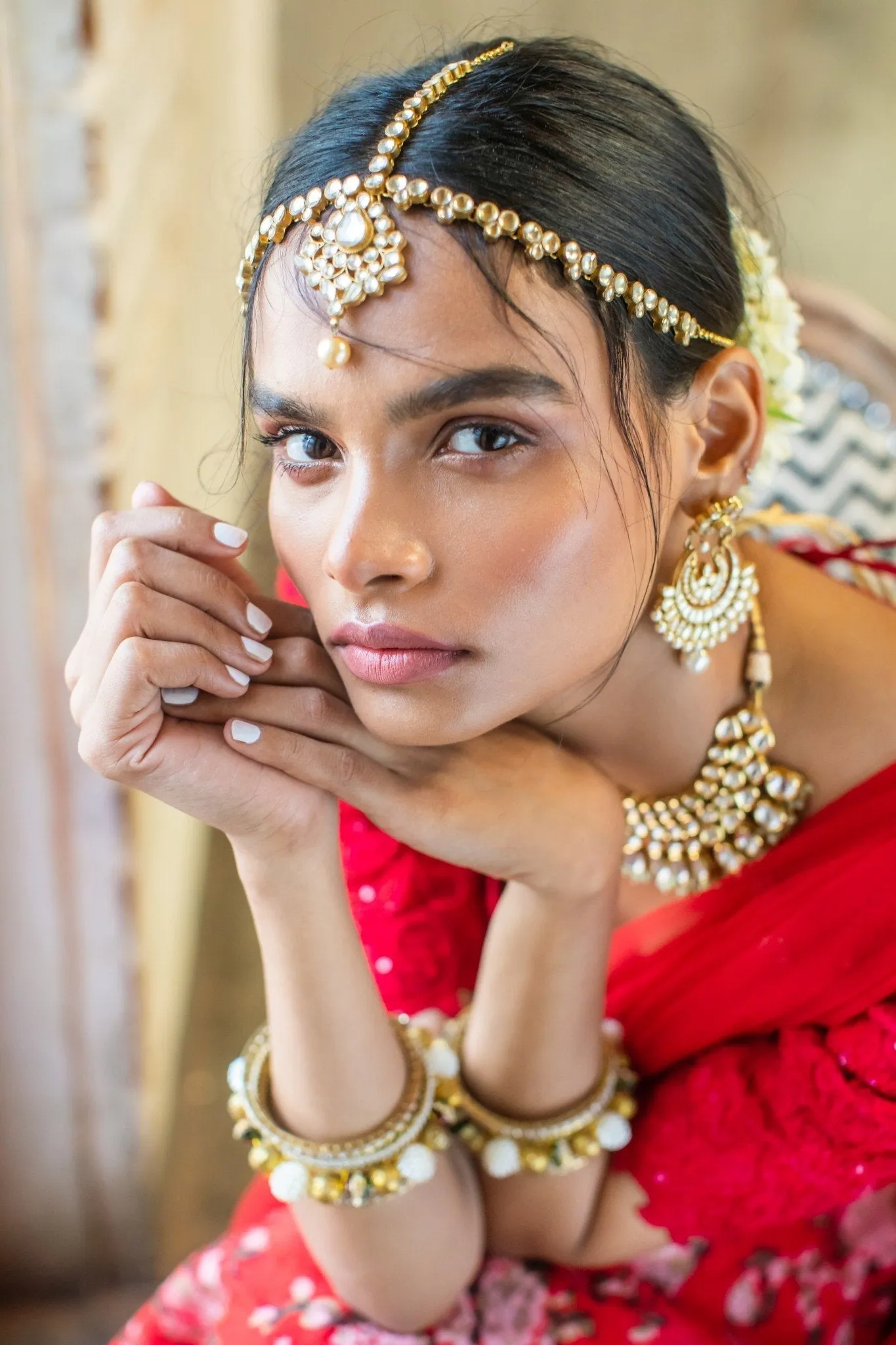 Red Silk Blouse & Red Silk Floral Lehenga