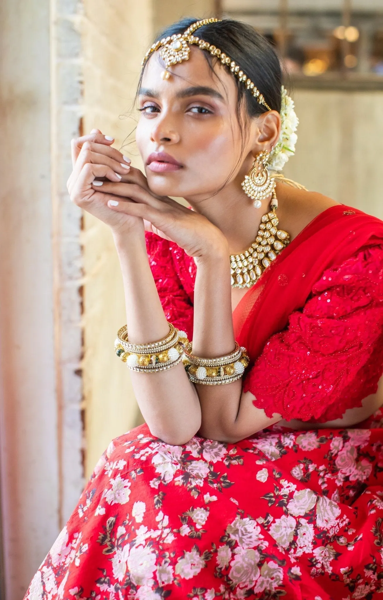 Red Silk Blouse & Red Silk Floral Lehenga