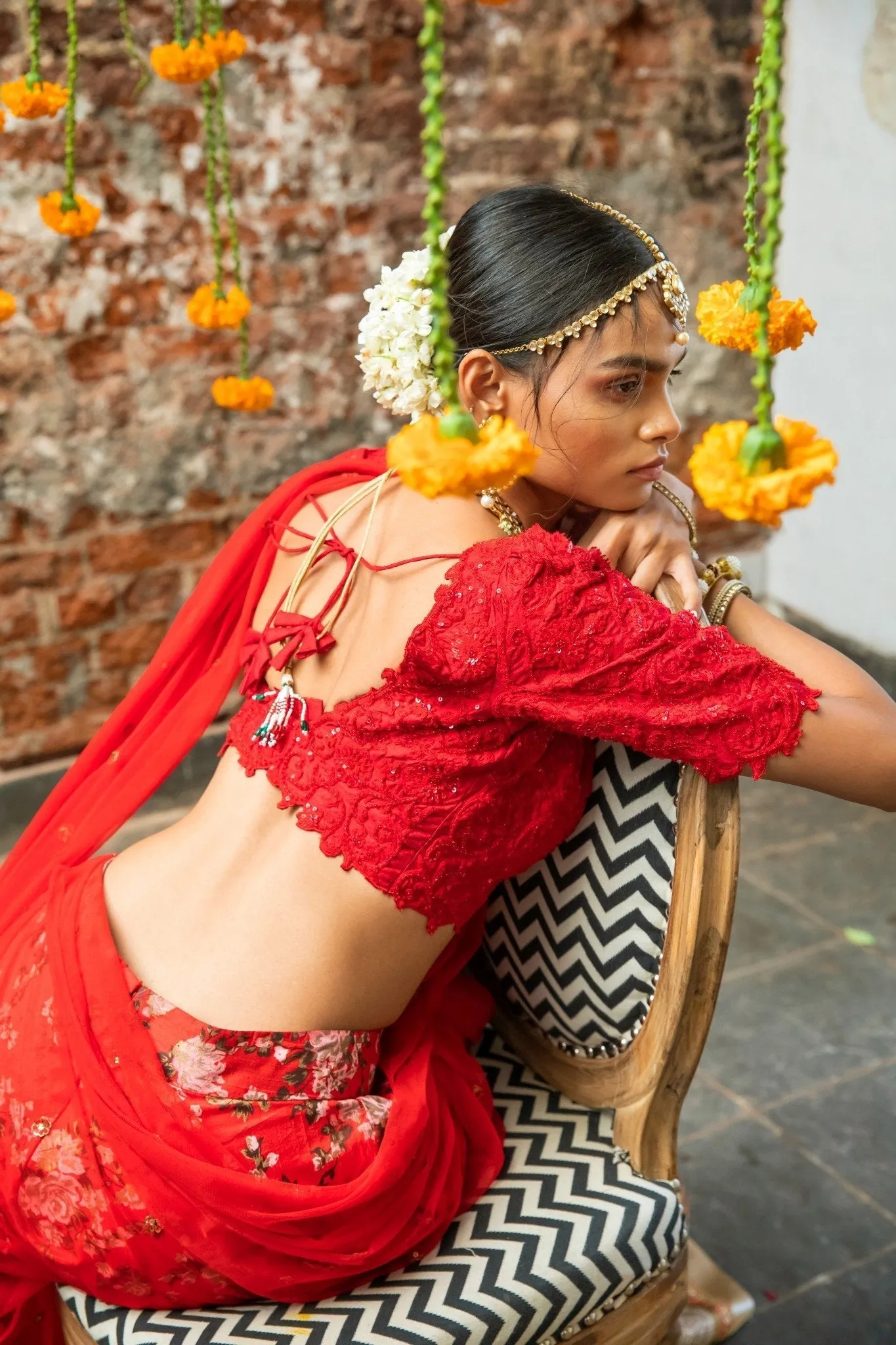Red Silk Blouse & Red Silk Floral Lehenga