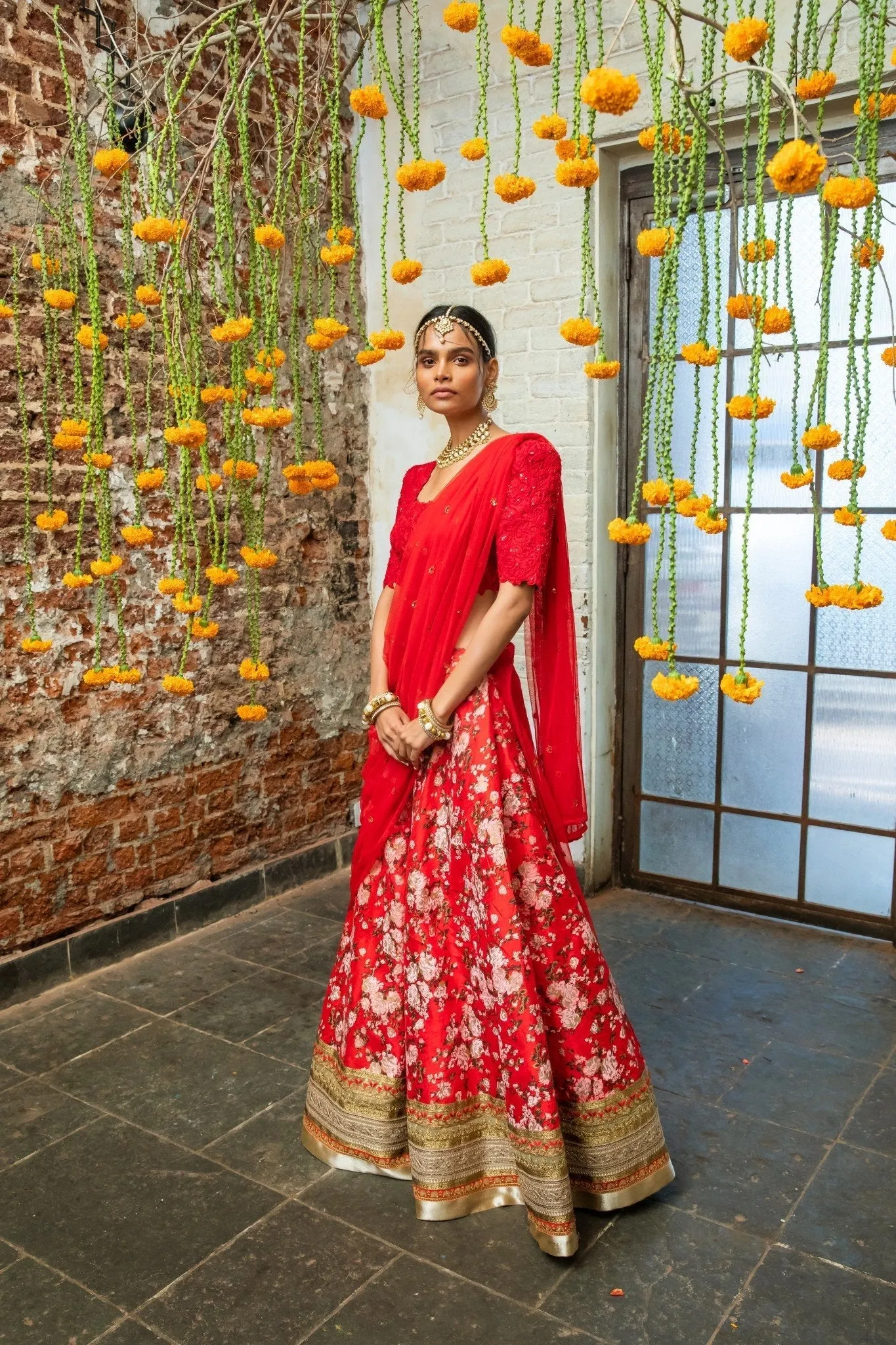 Red Silk Blouse & Red Silk Floral Lehenga