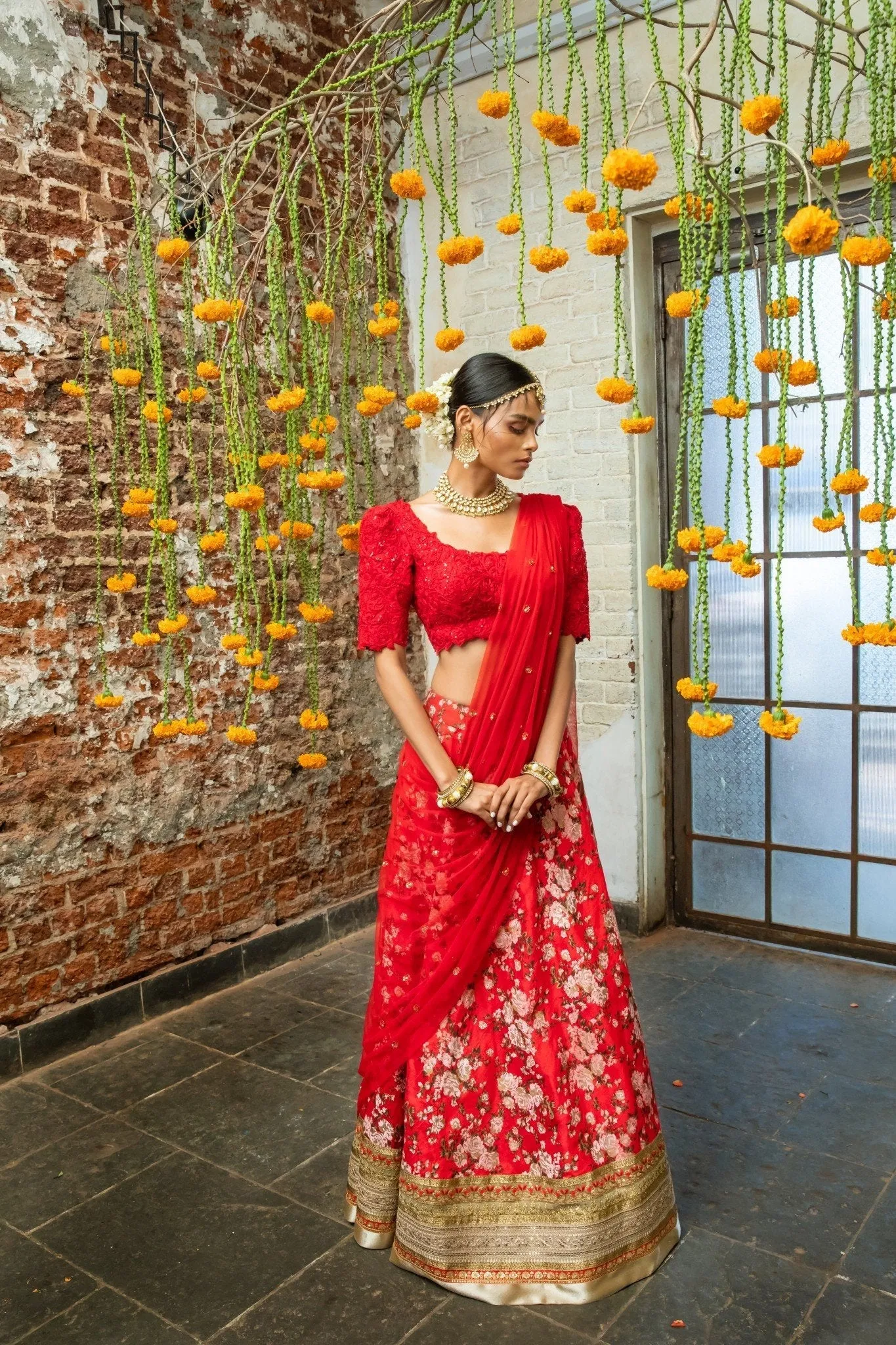 Red Silk Blouse & Red Silk Floral Lehenga