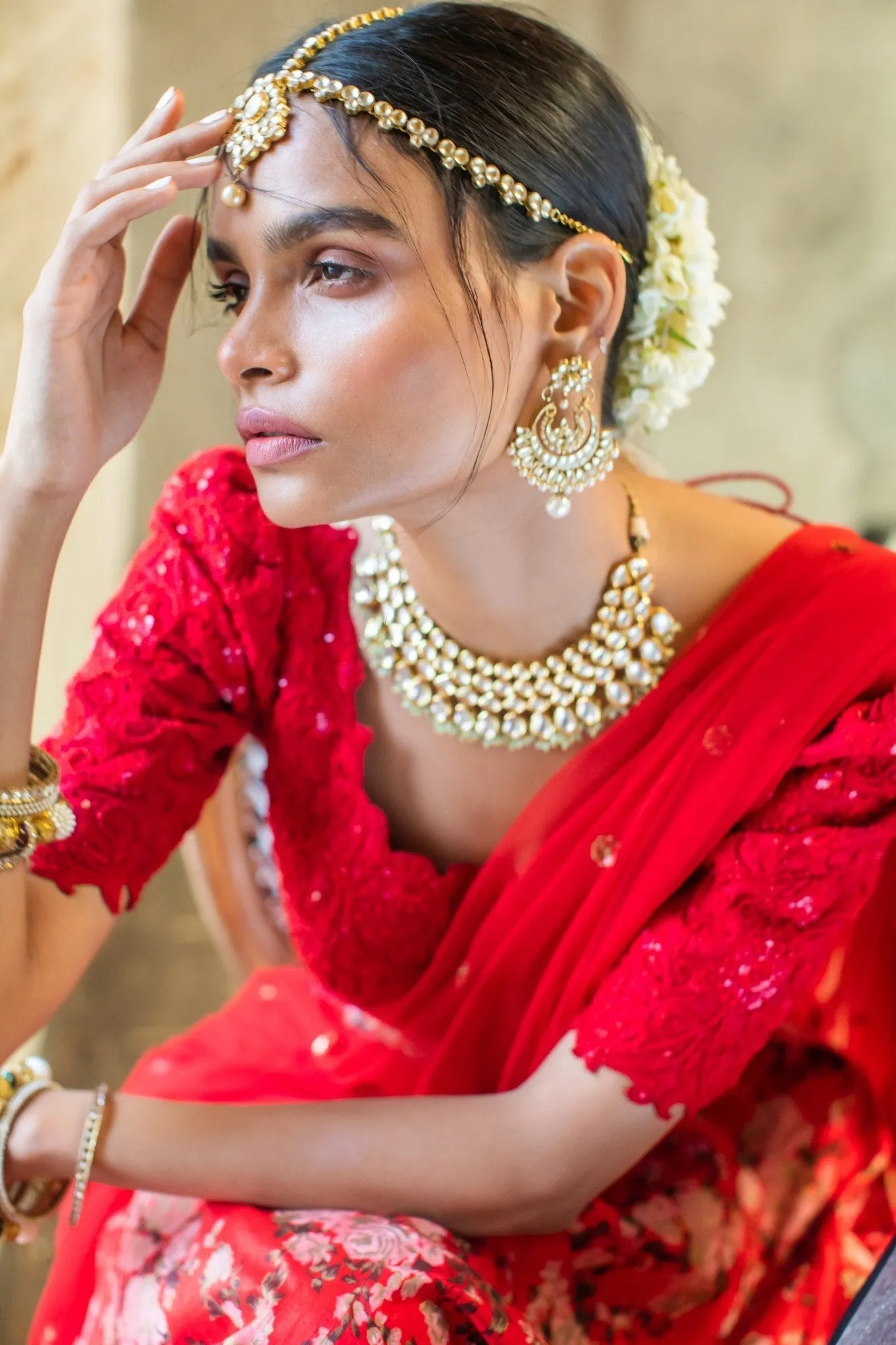 Red Silk Blouse & Red Silk Floral Lehenga