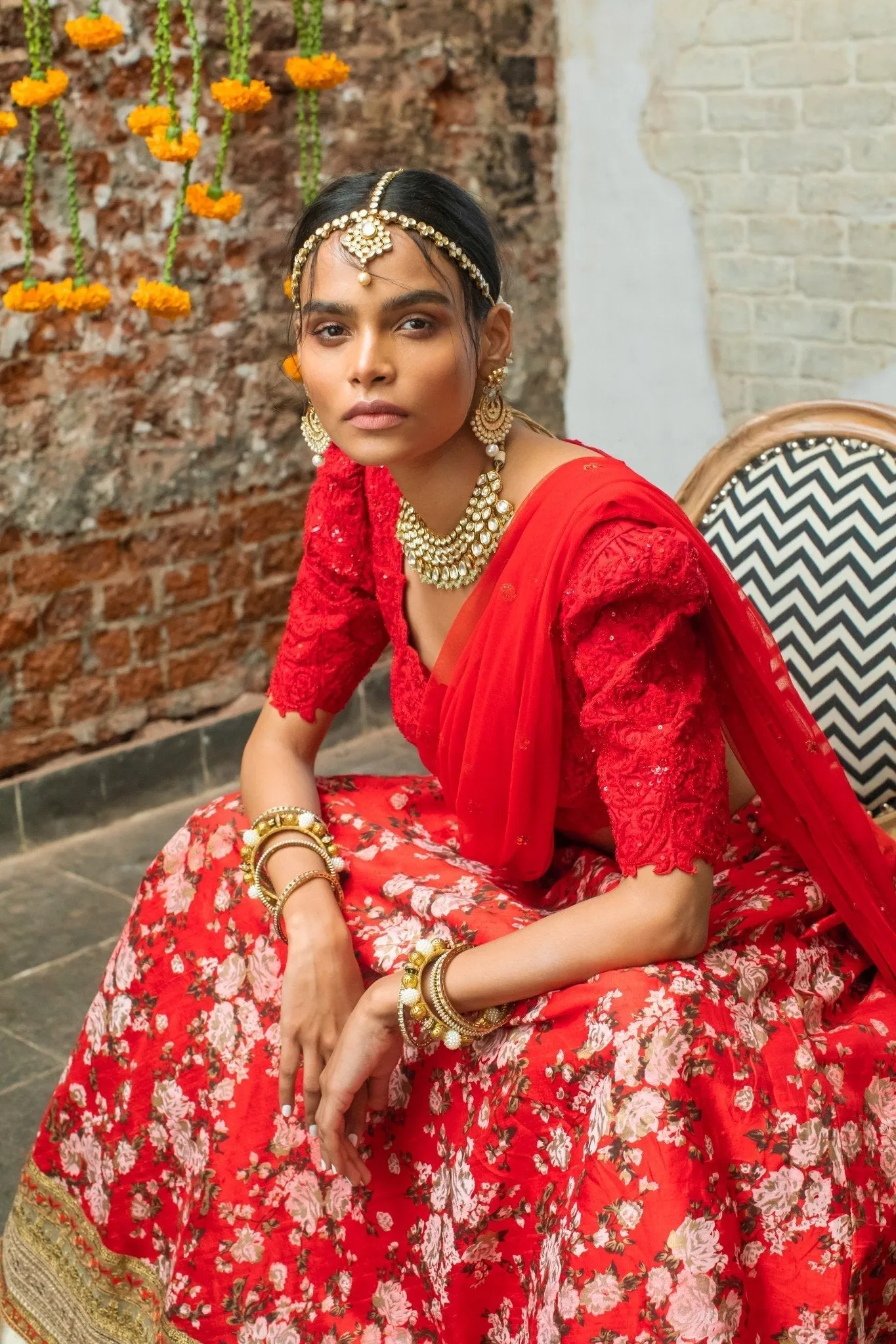 Red Silk Blouse & Red Silk Floral Lehenga