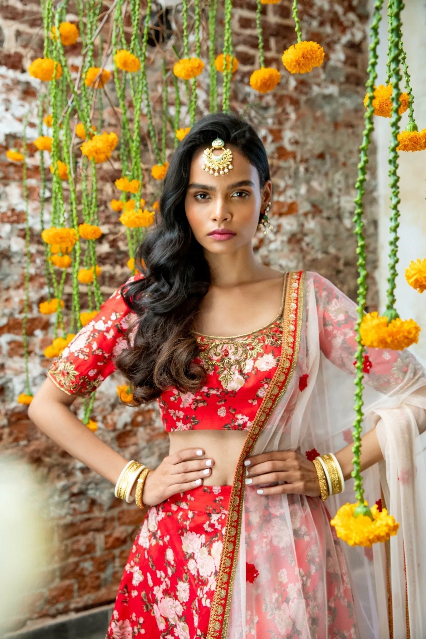 Red Silk Floral Blouse & Lehenga  Elegant Ensemble for Every Occasion