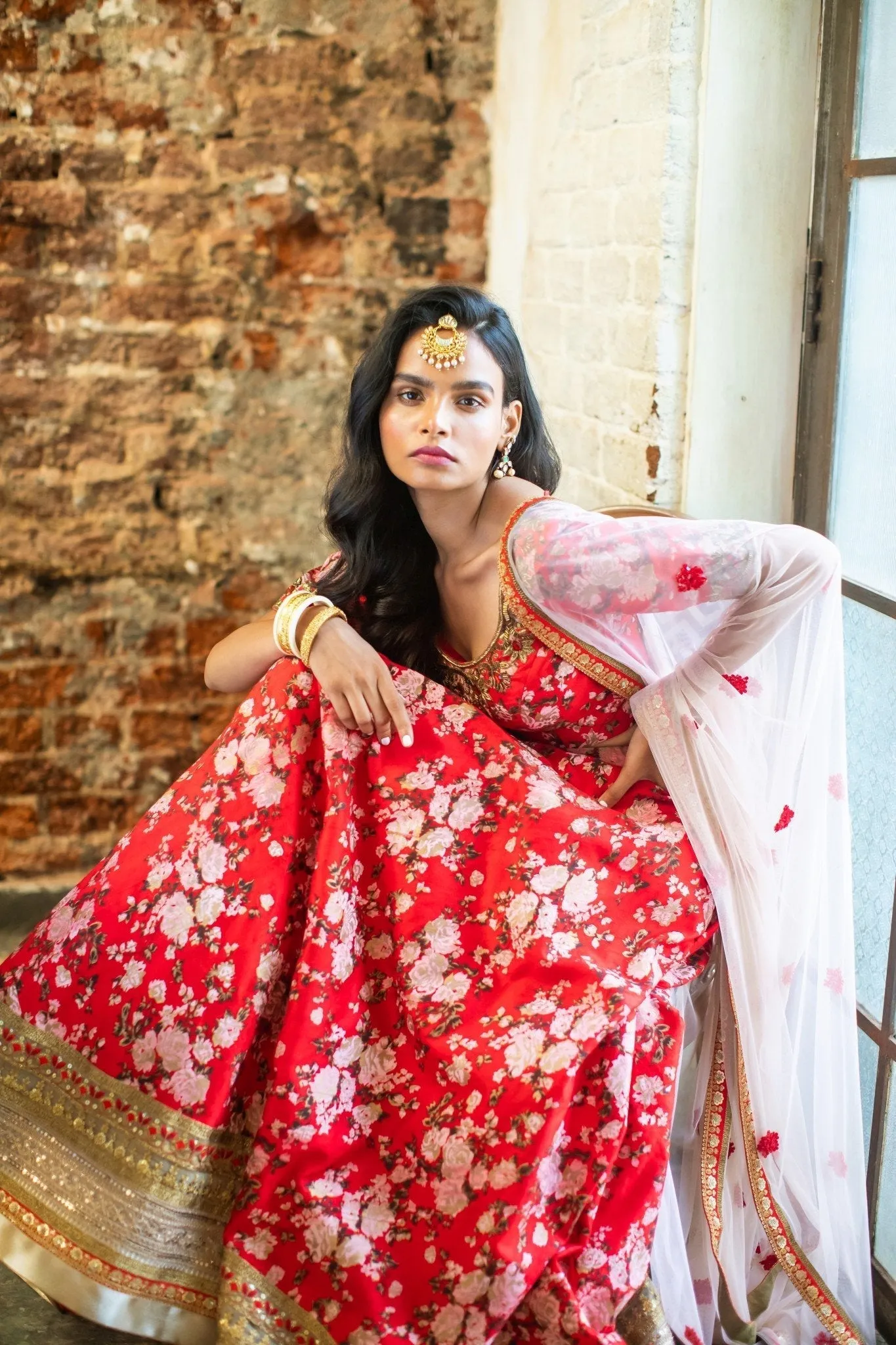 Red Silk Floral Blouse & Lehenga  Elegant Ensemble for Every Occasion