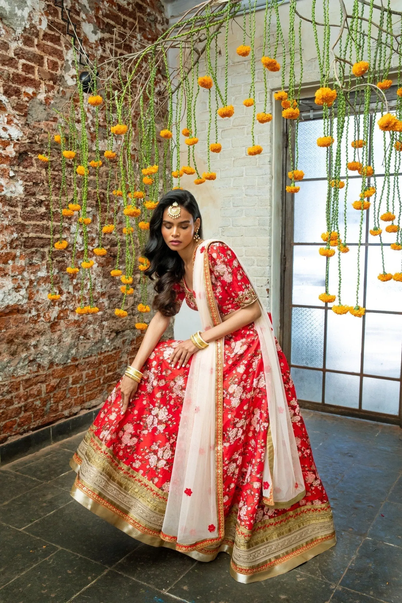 Red Silk Floral Blouse & Lehenga  Elegant Ensemble for Every Occasion