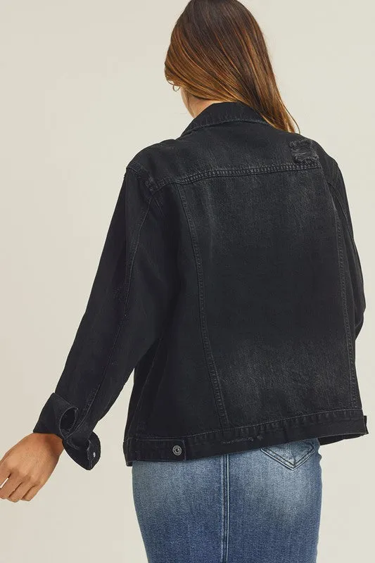Relaxed Fit Trucker Denim Jacket-Black