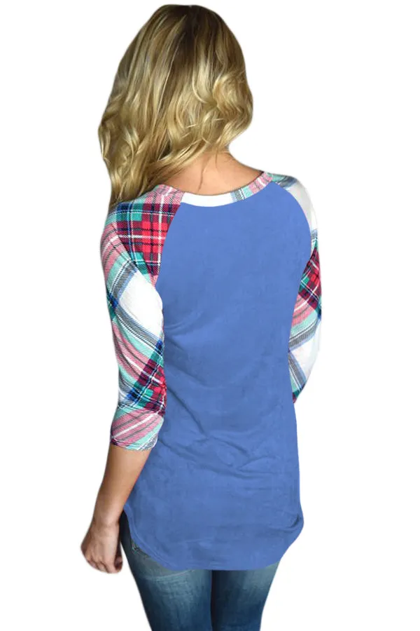 Sexy Vibrant Plaid Raglan Sleeve Blue Top