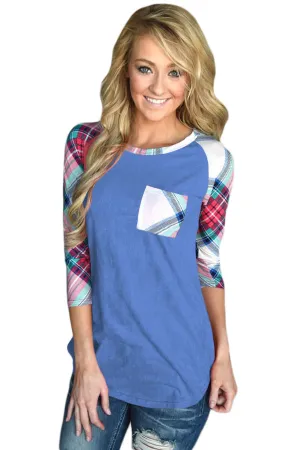 Sexy Vibrant Plaid Raglan Sleeve Blue Top