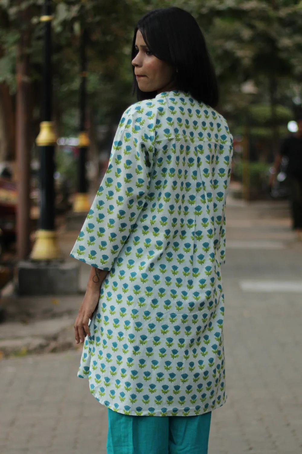 Short Kurta | Aqua Floral Sanganeri