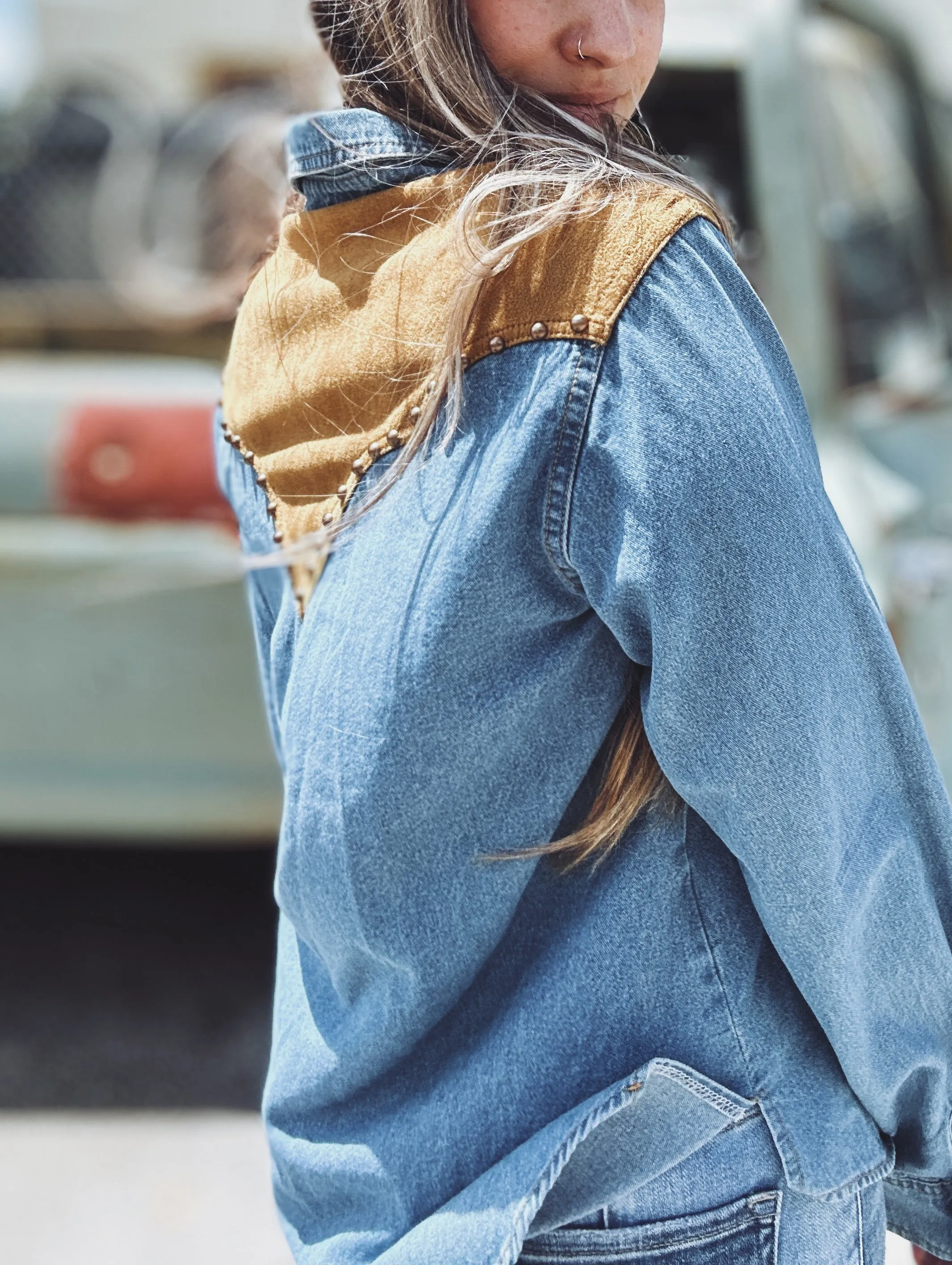 Smooth Operator Denim & Suede Button Up Top