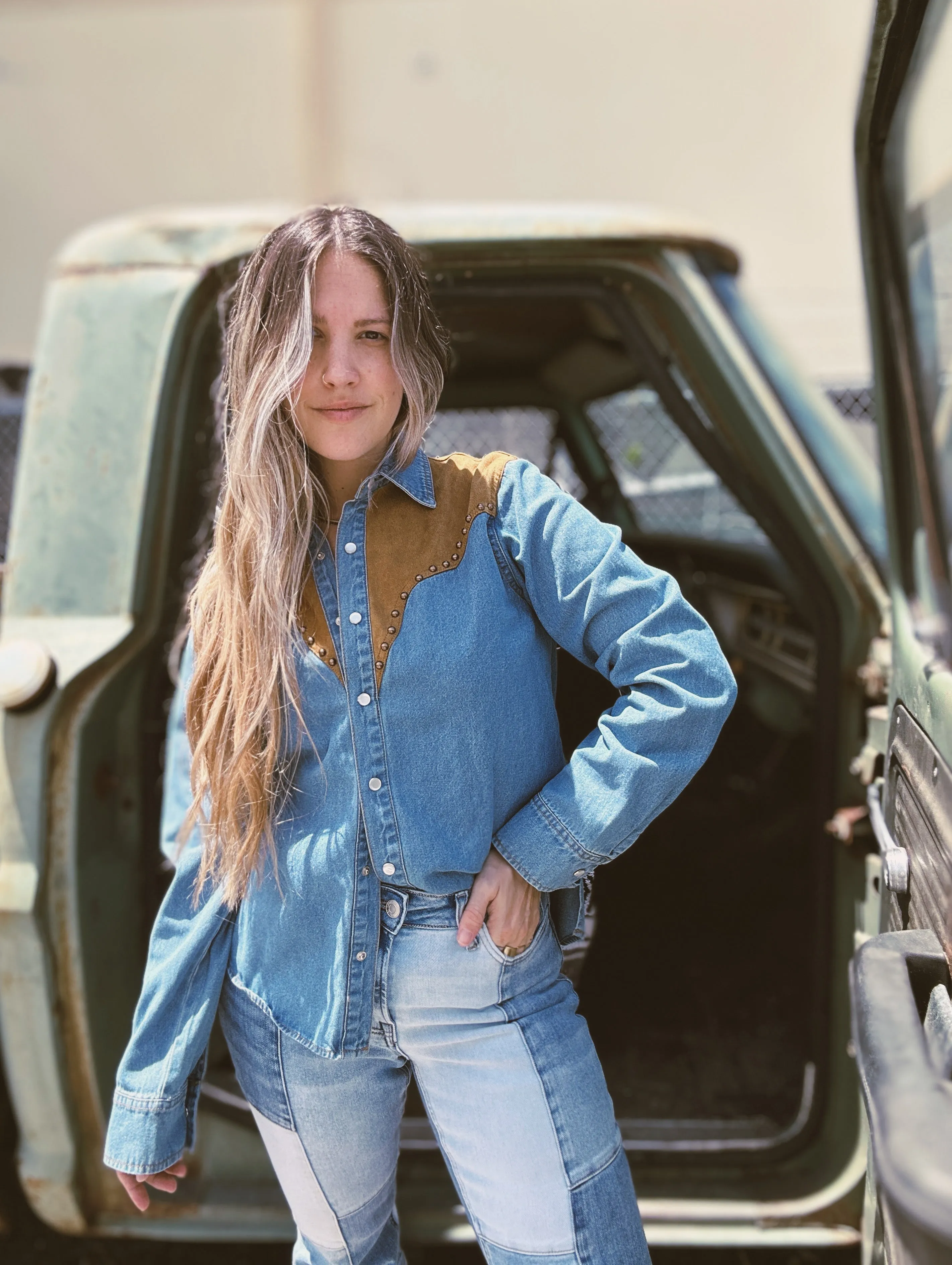 Smooth Operator Denim & Suede Button Up Top