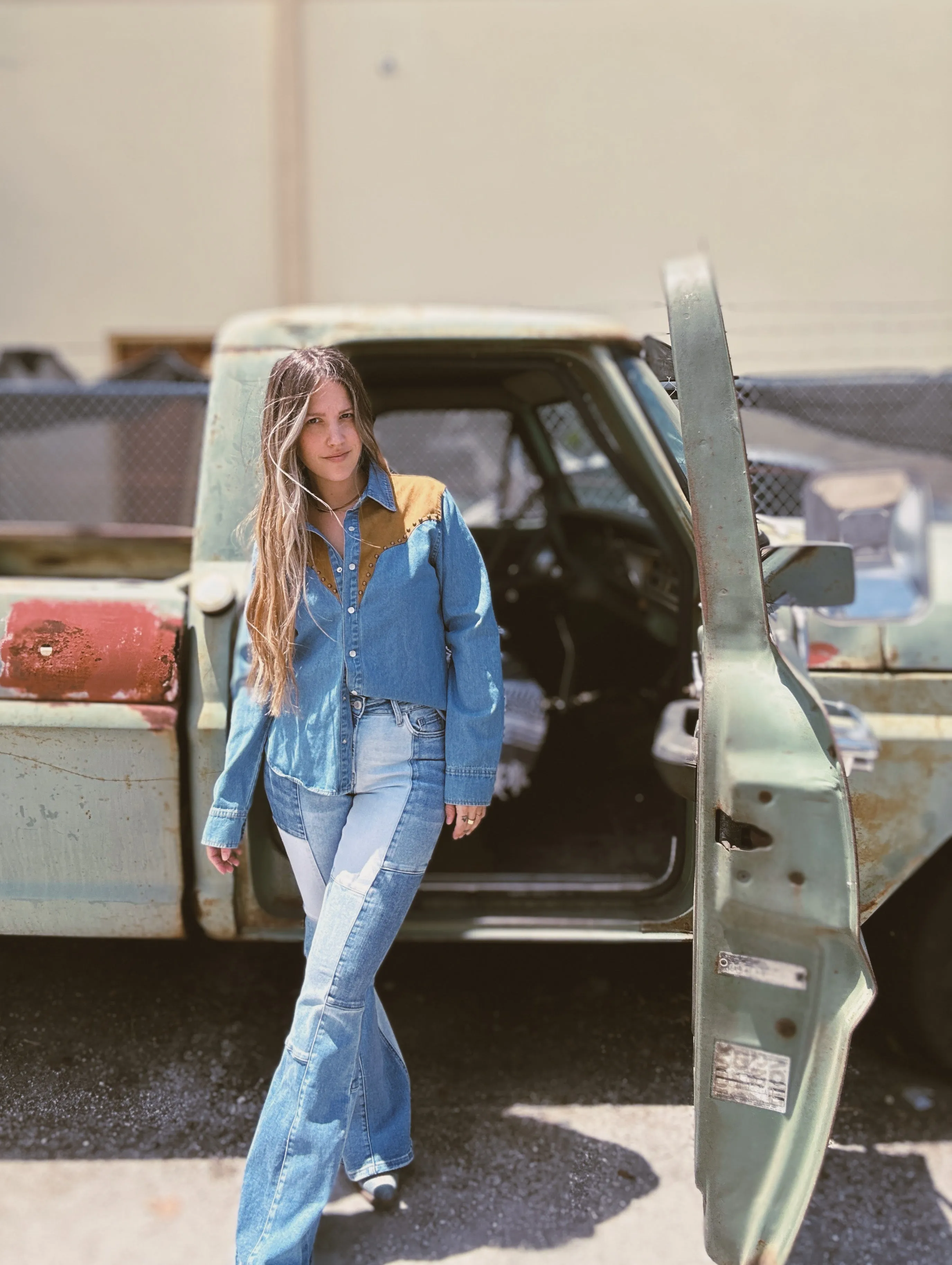 Smooth Operator Denim & Suede Button Up Top