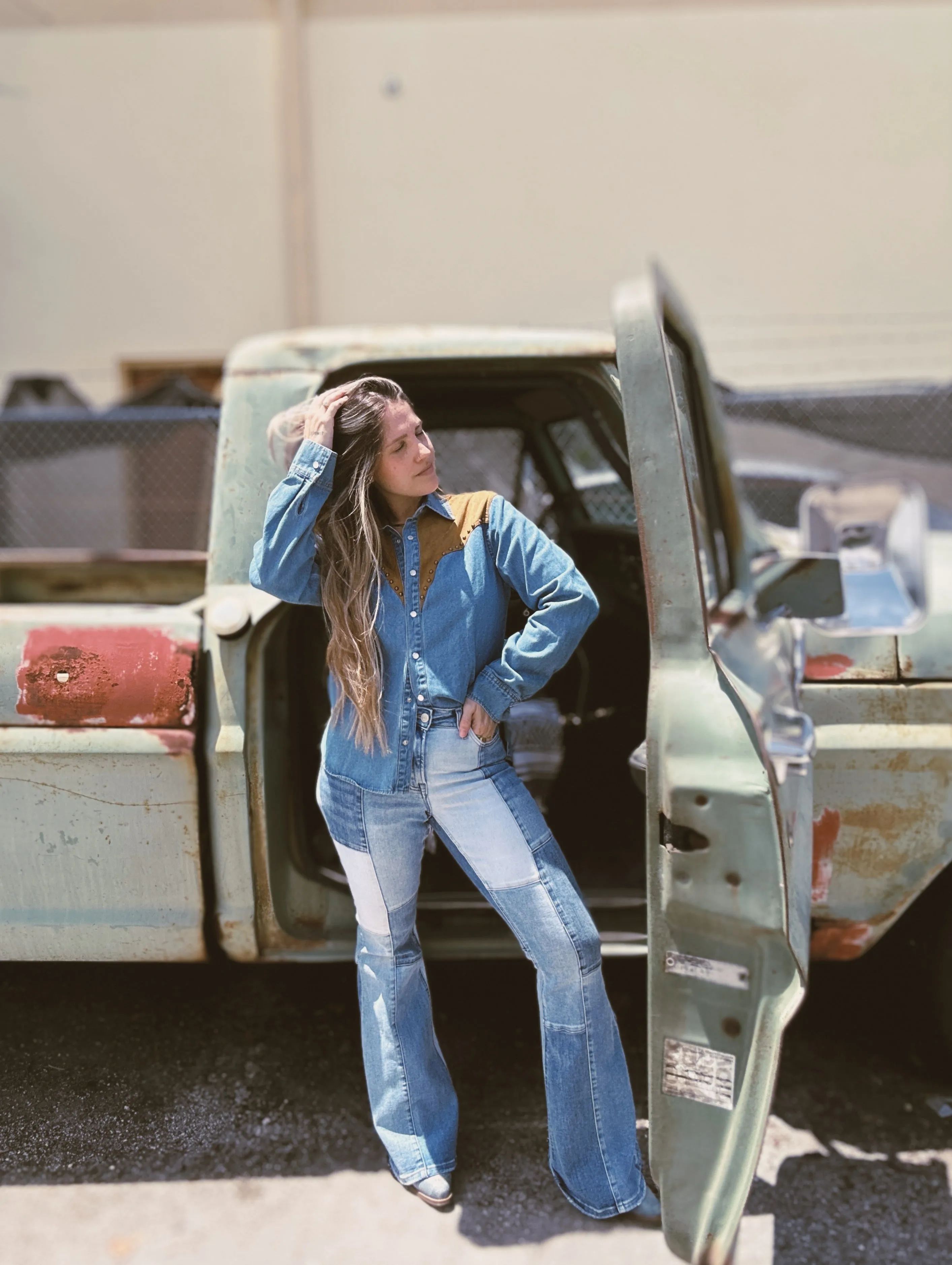 Smooth Operator Denim & Suede Button Up Top