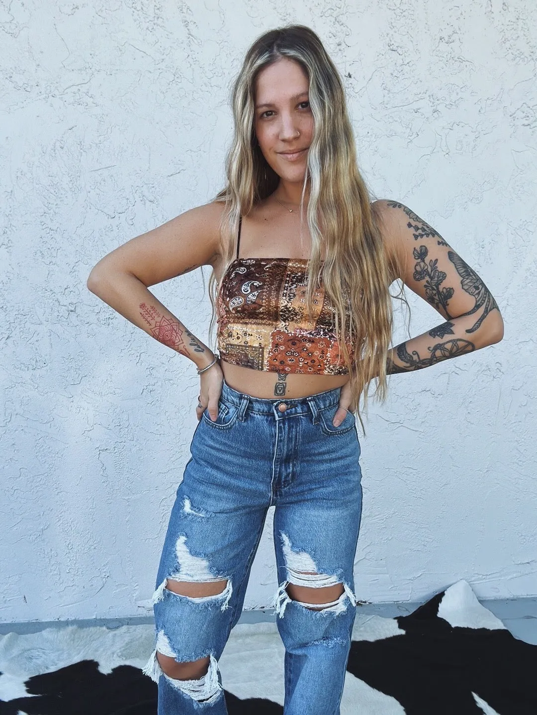 Smooth Talker Velvet Patchwork Bandana Print Crop Top