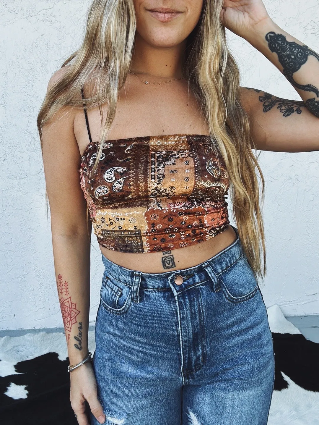 Smooth Talker Velvet Patchwork Bandana Print Crop Top