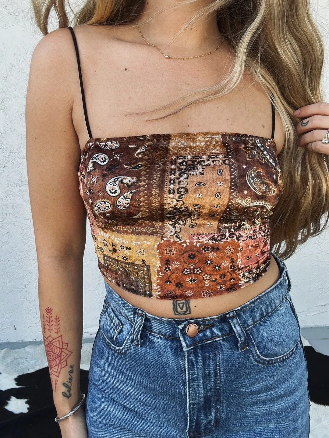 Smooth Talker Velvet Patchwork Bandana Print Crop Top