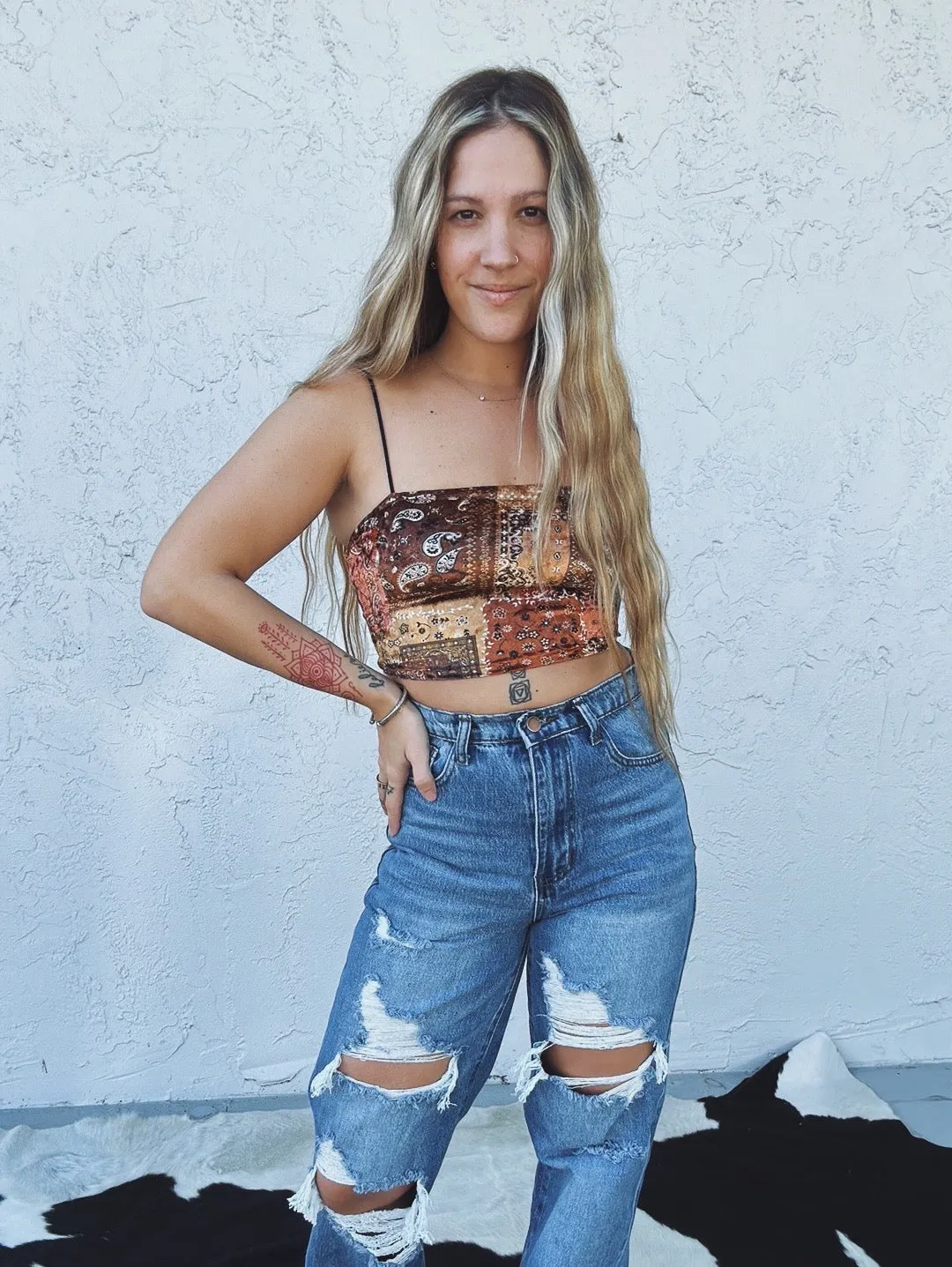Smooth Talker Velvet Patchwork Bandana Print Crop Top