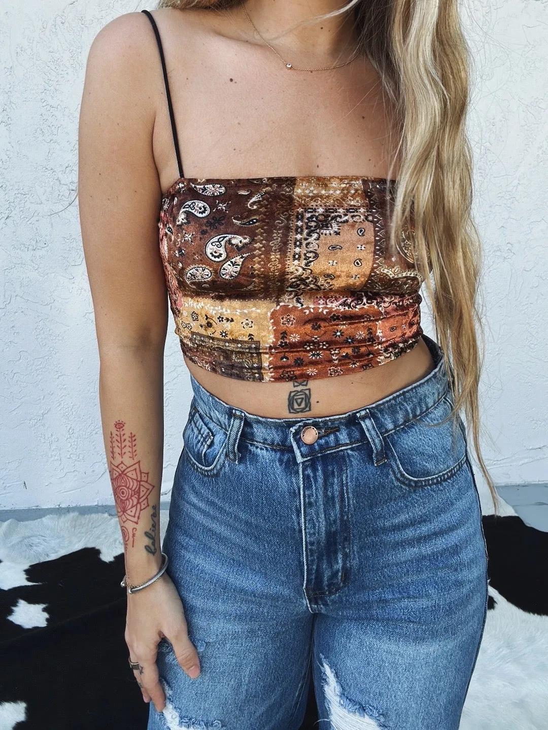 Smooth Talker Velvet Patchwork Bandana Print Crop Top