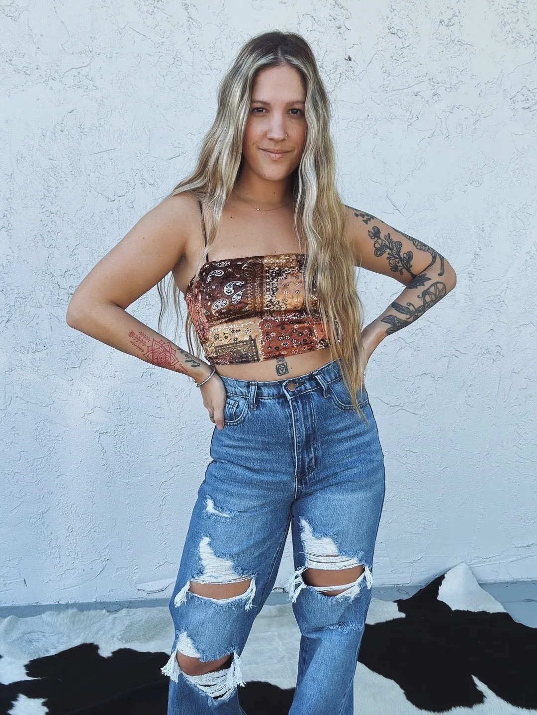Smooth Talker Velvet Patchwork Bandana Print Crop Top