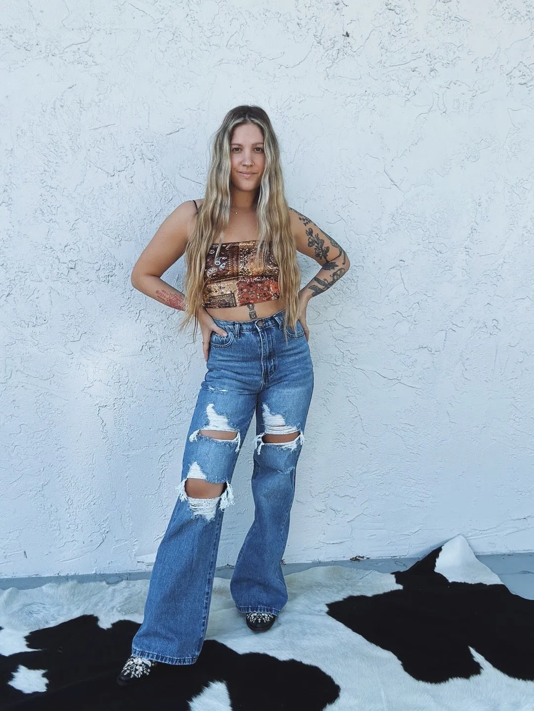 Smooth Talker Velvet Patchwork Bandana Print Crop Top