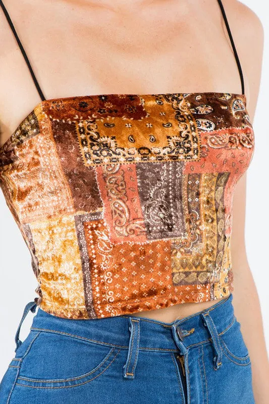 Smooth Talker Velvet Patchwork Bandana Print Crop Top