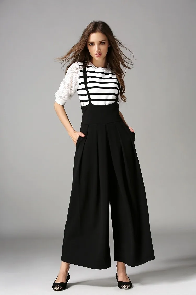 Spring And Autumn New High Waist Strap Pleated Bags Ankle Length Wide Leg Pants