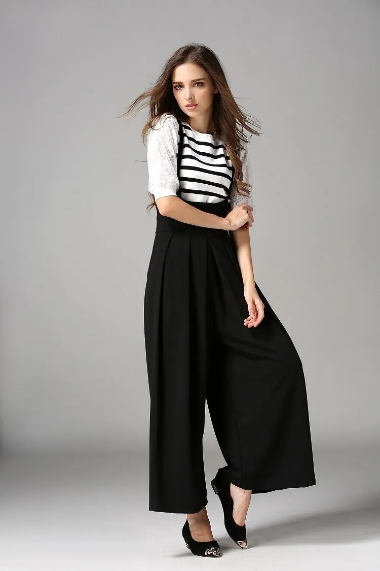 Spring And Autumn New High Waist Strap Pleated Bags Ankle Length Wide Leg Pants
