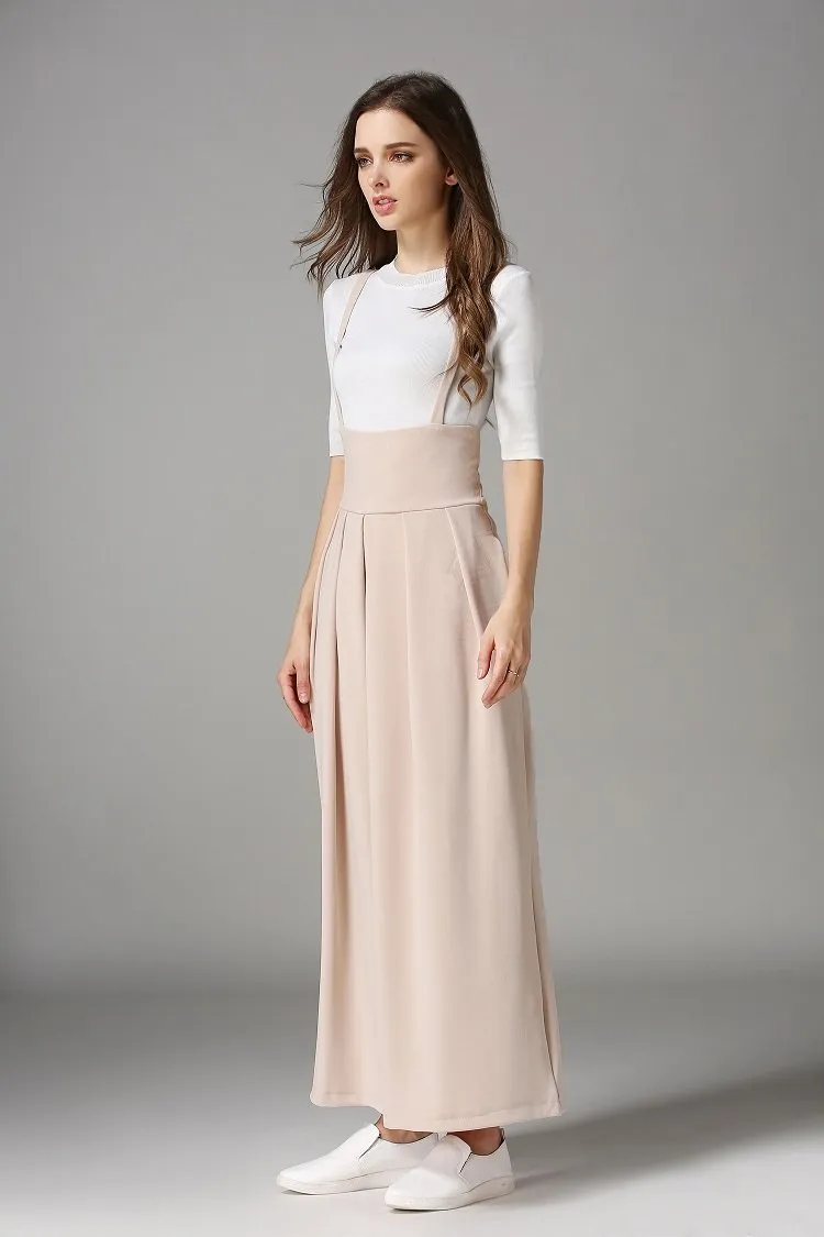 Spring And Autumn New High Waist Strap Pleated Bags Ankle Length Wide Leg Pants