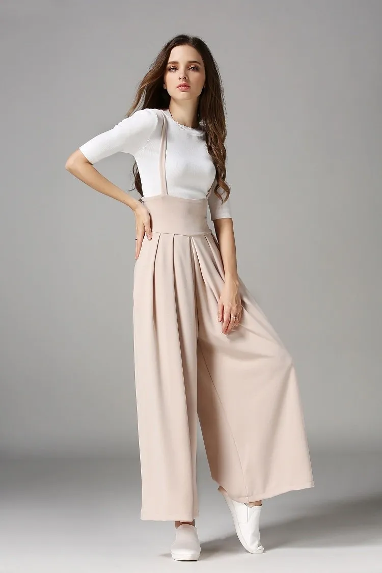 Spring And Autumn New High Waist Strap Pleated Bags Ankle Length Wide Leg Pants