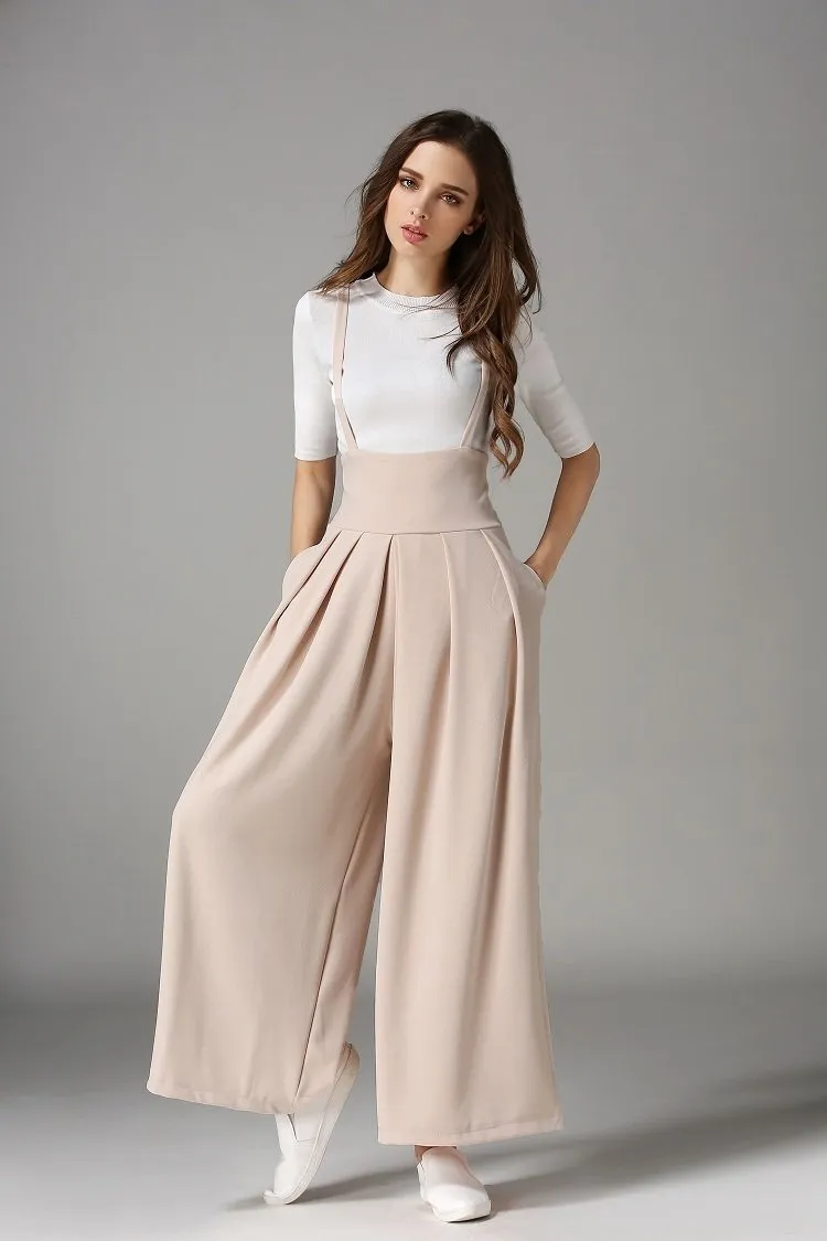 Spring And Autumn New High Waist Strap Pleated Bags Ankle Length Wide Leg Pants