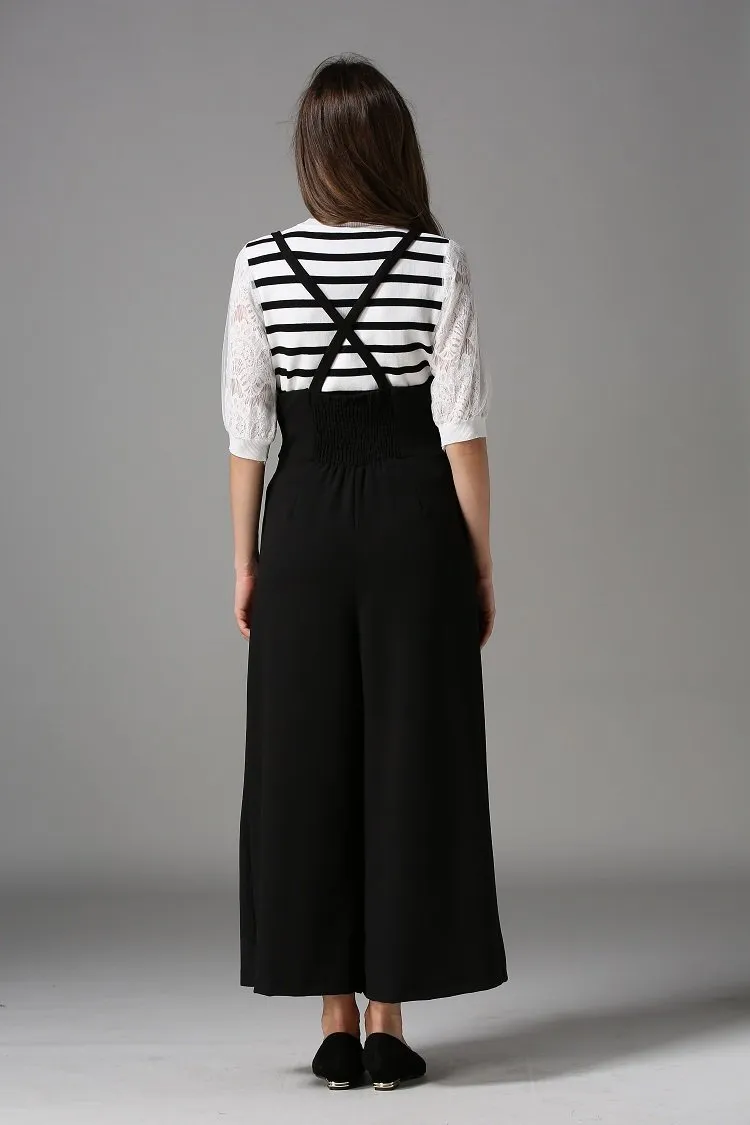 Spring And Autumn New High Waist Strap Pleated Bags Ankle Length Wide Leg Pants