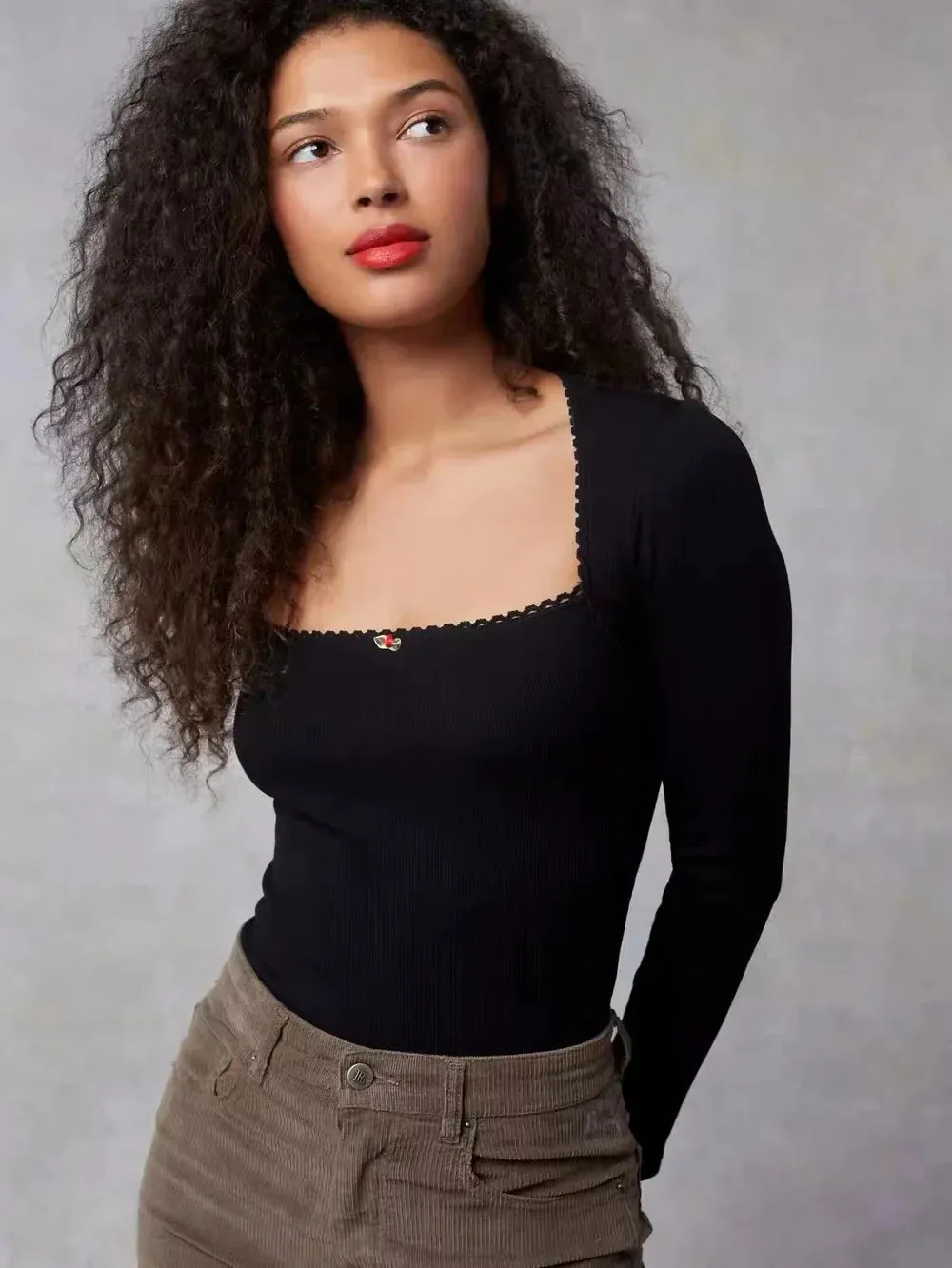 Square Collar Black Spring Summer Casual Ribbed Long Sleeve Women's T-shirt
