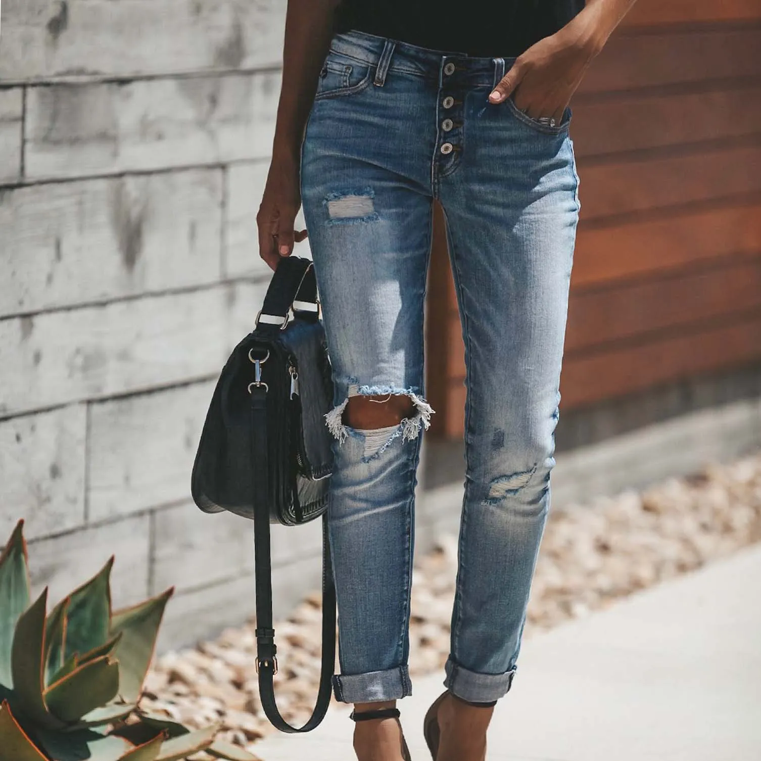 Stretch Blue Jeans Slim-Fit Ripped Pants