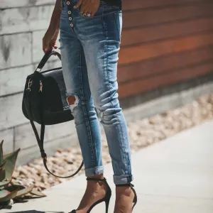 Stretch Blue Jeans Slim-Fit Ripped Pants