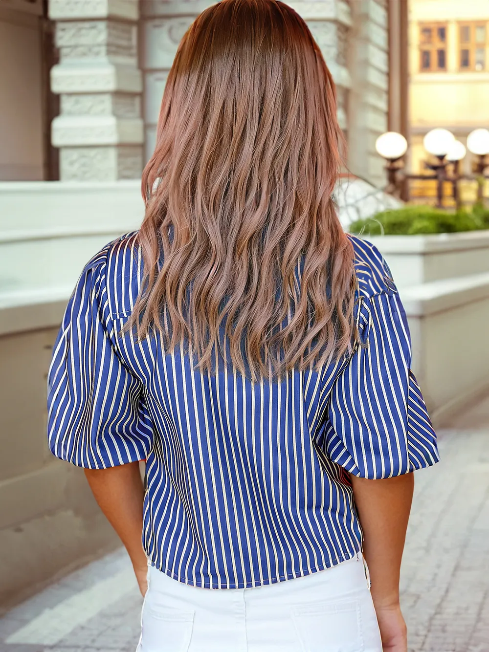 Stripe Tied Front Puff Short Sleeve Blouse