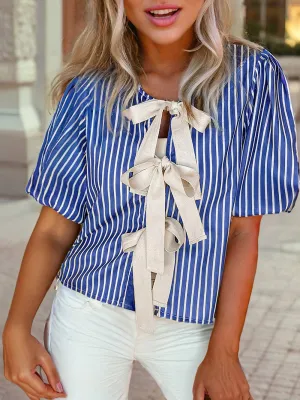 Stripe Tied Front Puff Short Sleeve Blouse