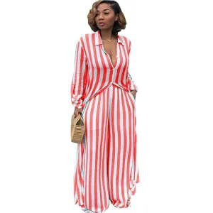 Striped Blosue Long Pencil Pants Set