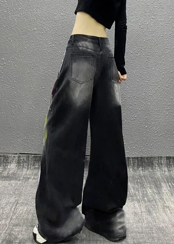 Stylish Black Graffiti High Waist Denim Wide Leg Pants Fall WP049