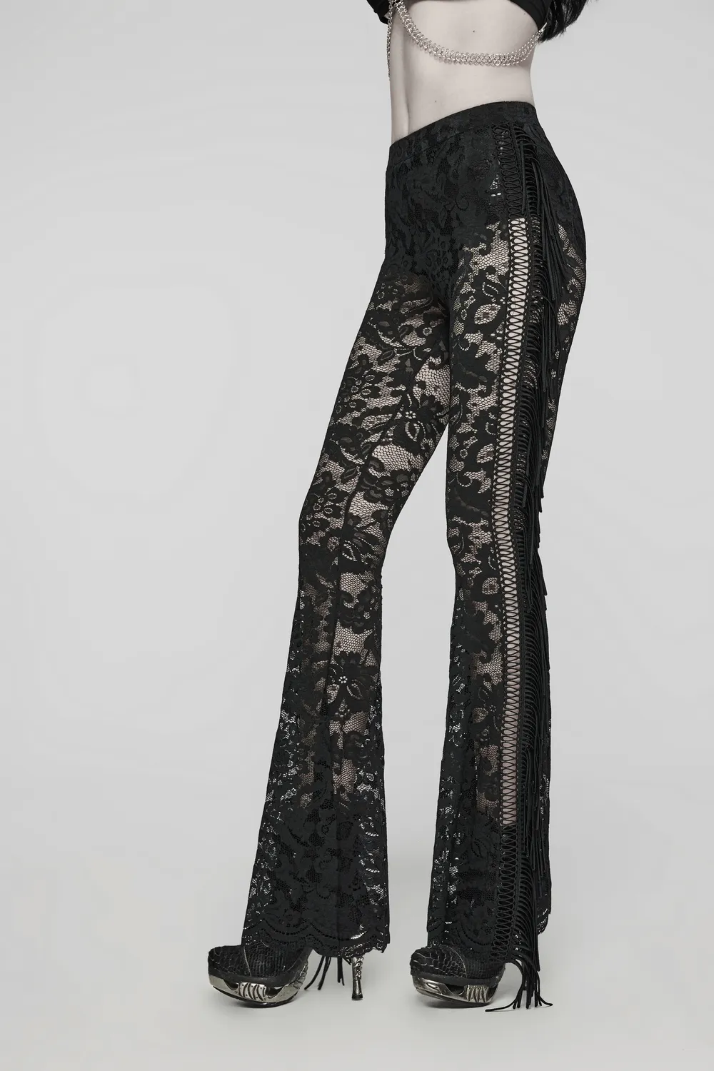 Stylish Gothic Black Lace Fringed Flare Pants