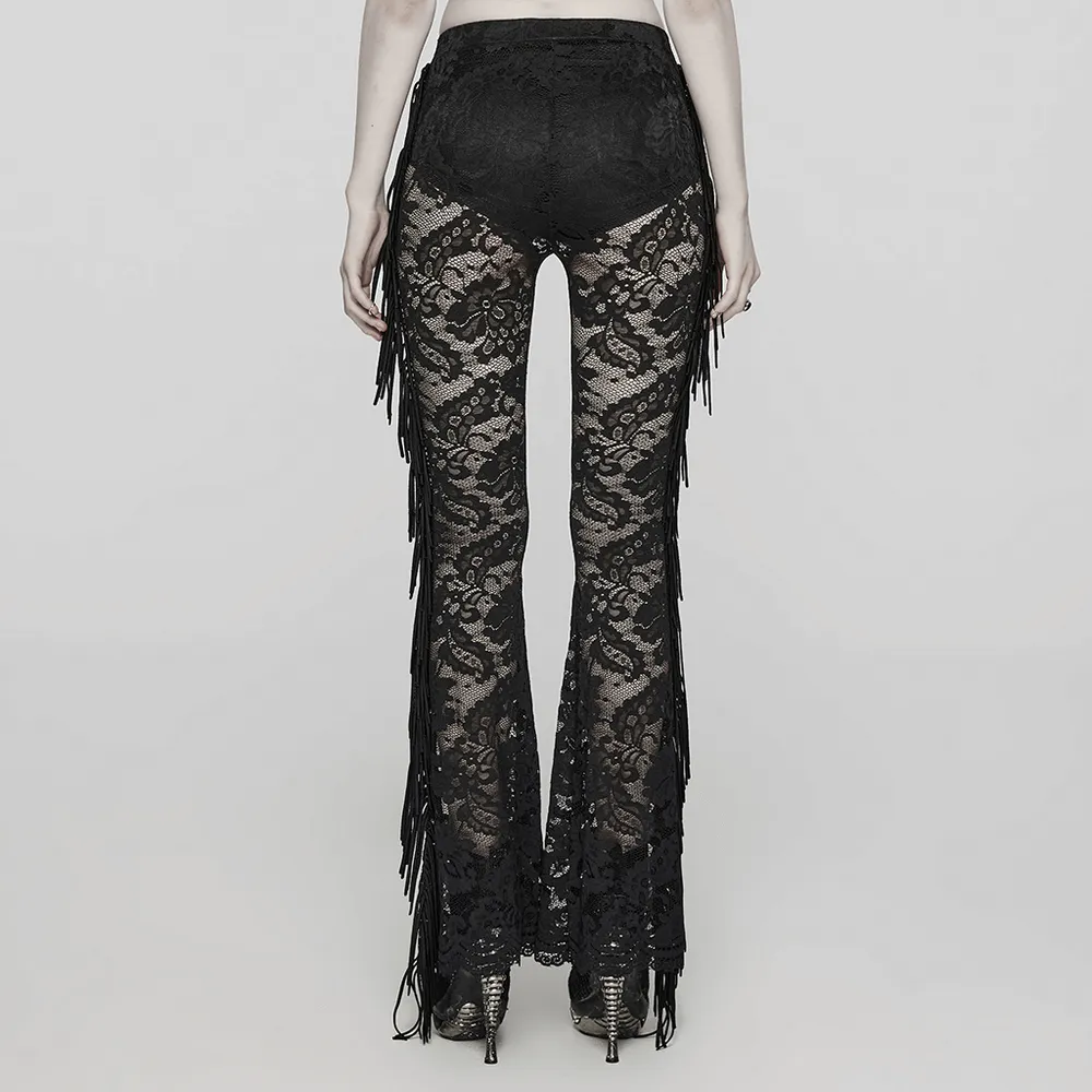 Stylish Gothic Black Lace Fringed Flare Pants