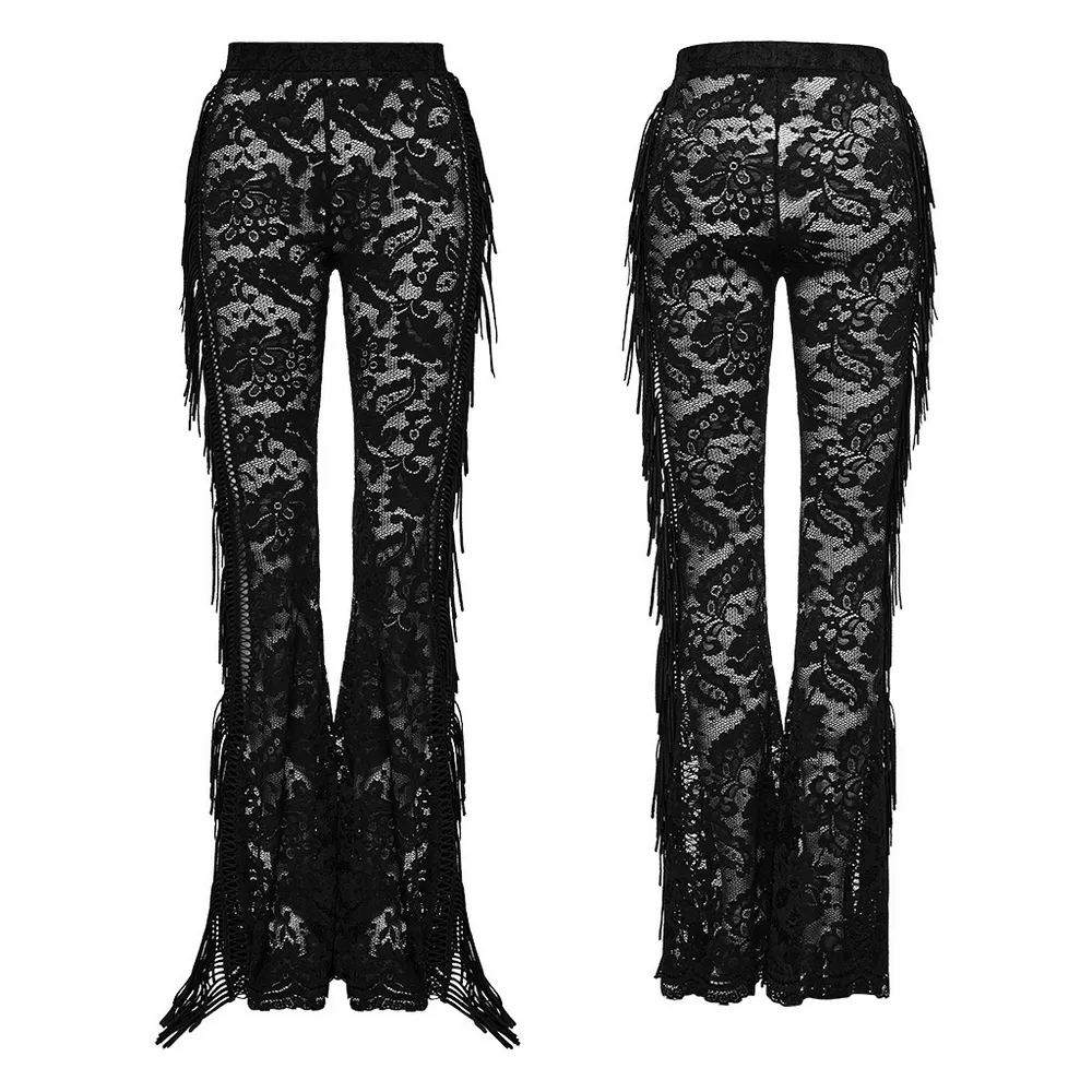 Stylish Gothic Black Lace Fringed Flare Pants